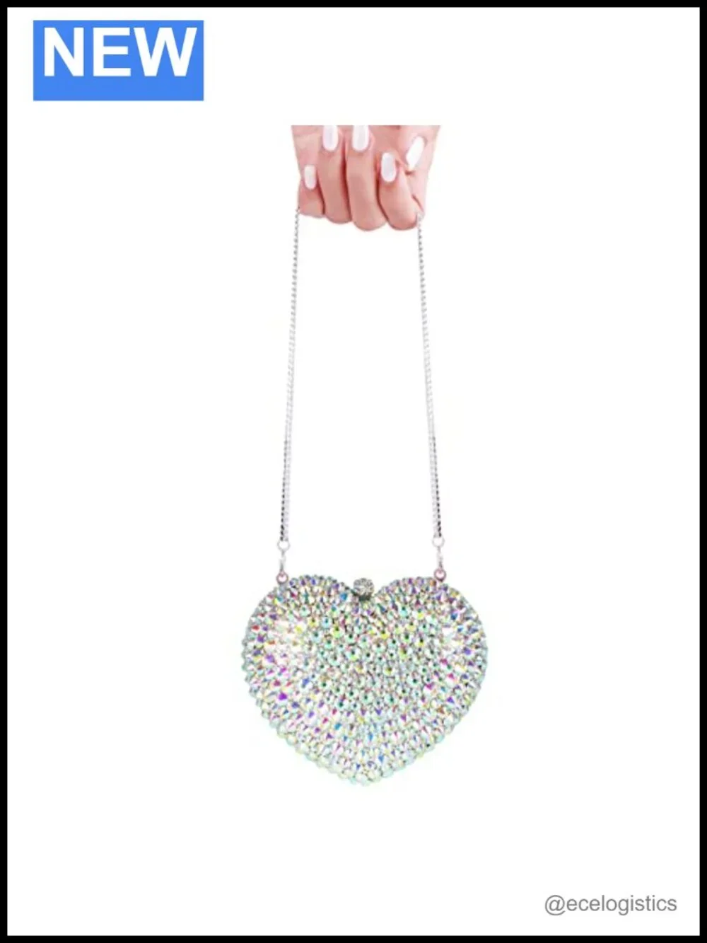 Rhinestone Heart Clutch Purse Small Evening Handbag with Chain